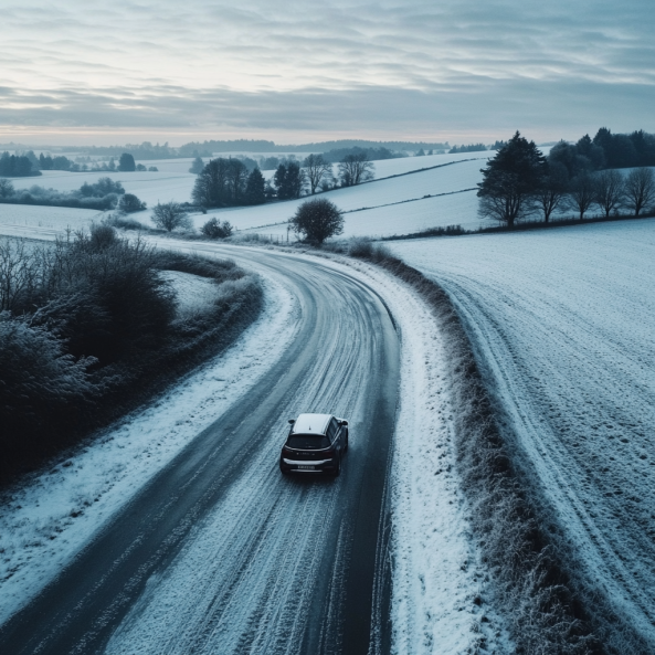 Une voiture roule prudemment sur une route enneigée et sinueuse à travers la campagne belge. Le paysage hivernal est marqué par des champs recouverts de neige et des arbres givrés, illustrant l'importance des pneus hiver pour une conduite sécurisée en conditions hivernales.