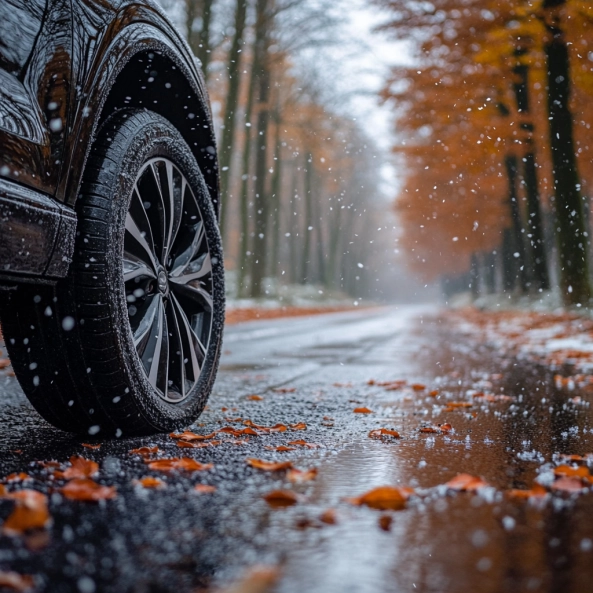 Gros plan sur un pneu toutes saisons sur une route humide et bordée de feuilles d'automne, avec de légères chutes de neige, illustrant les conditions climatiques changeantes typiques de la Belgique.